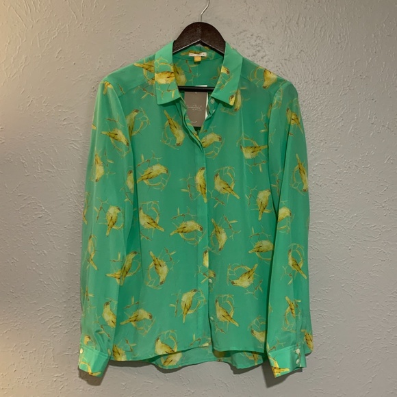 Bird Mint Green Silk Blouse Button Down - Picture 1 of 3